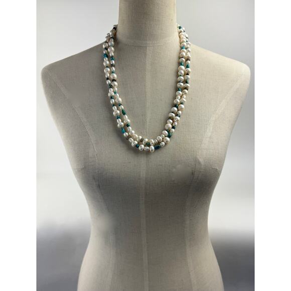 Pearl Turquoise Labradorite Long Necklace 53" Flapper Style Pearls - Picture 3 of 7